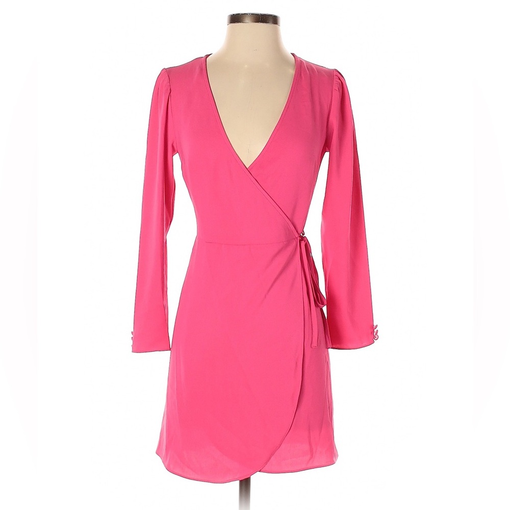 Topshop Hot Pink Wrap Tie summer Dress puff sleeve